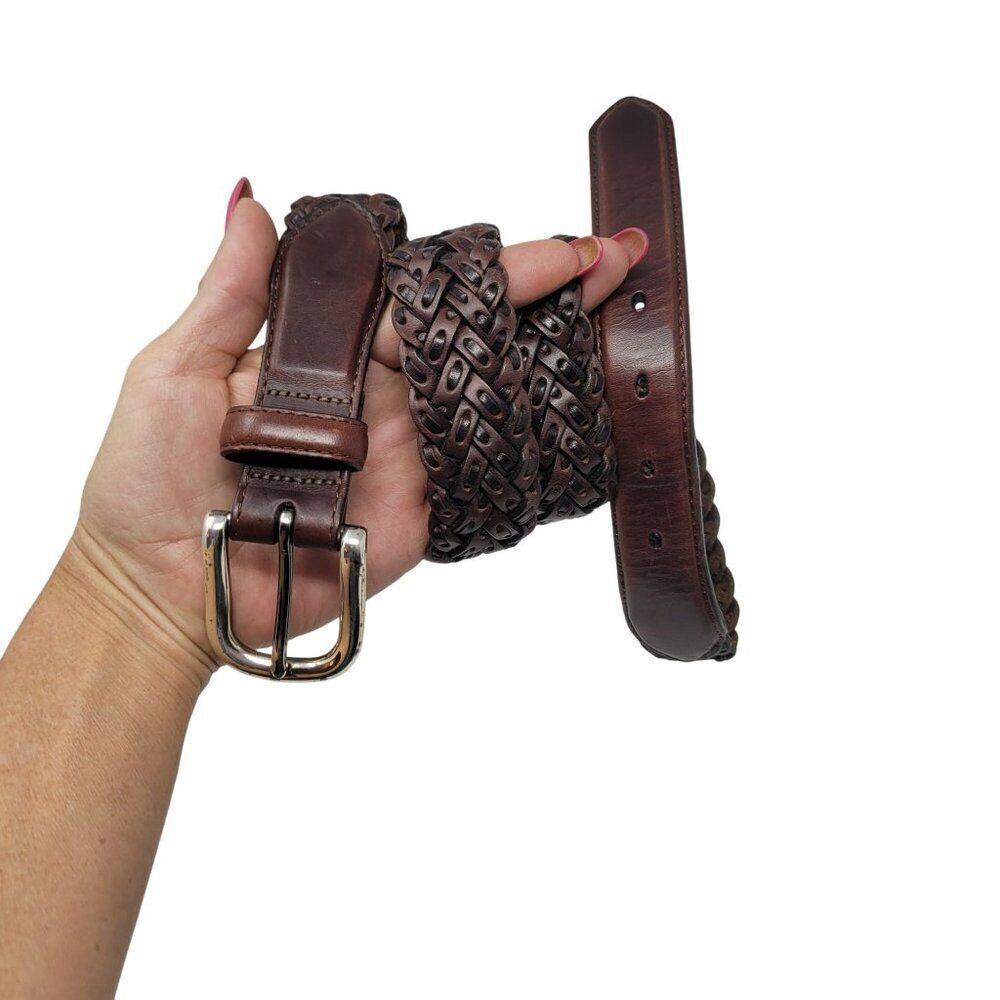 Vtg Brighton Mens Braided Leather‎ Belt 36 Brown Silver Buckle Weaved Country